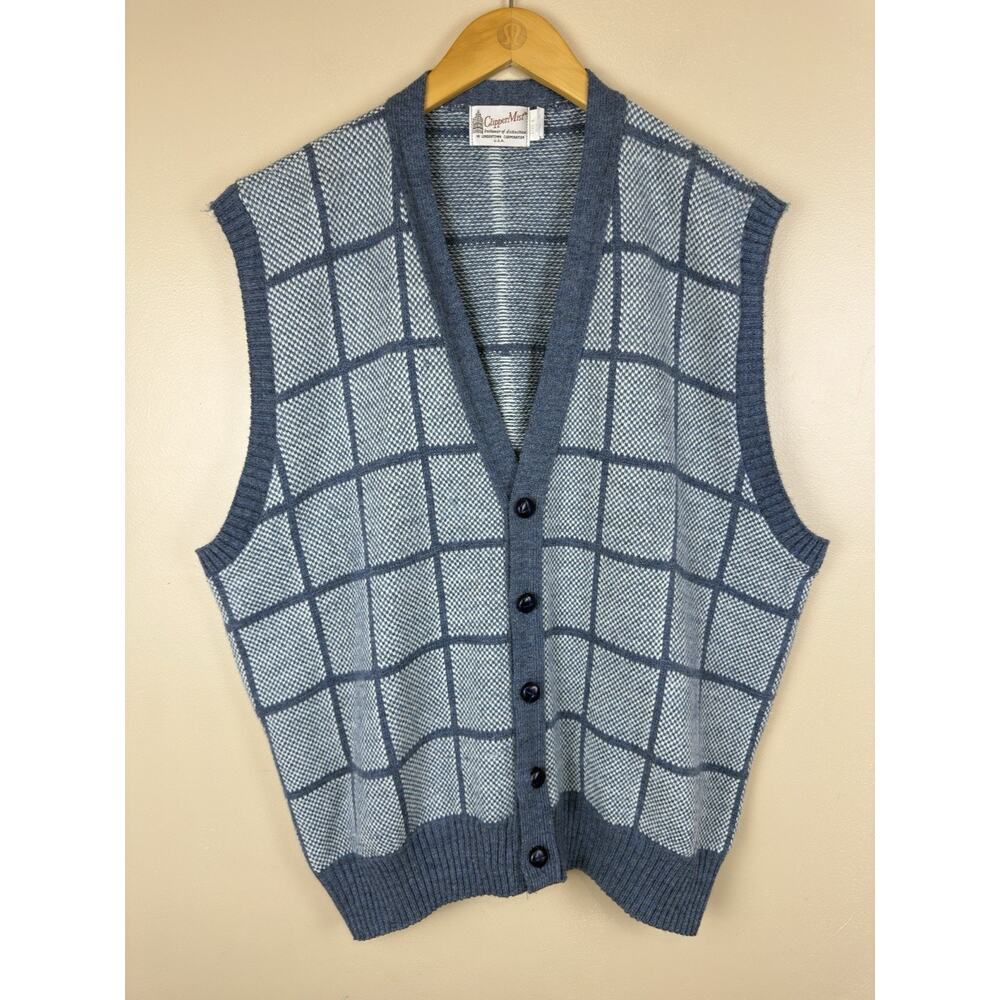 Vintage Clipper Mist Plaid Knit Sweater Vest Blue Grey Grandpacore Men’s L